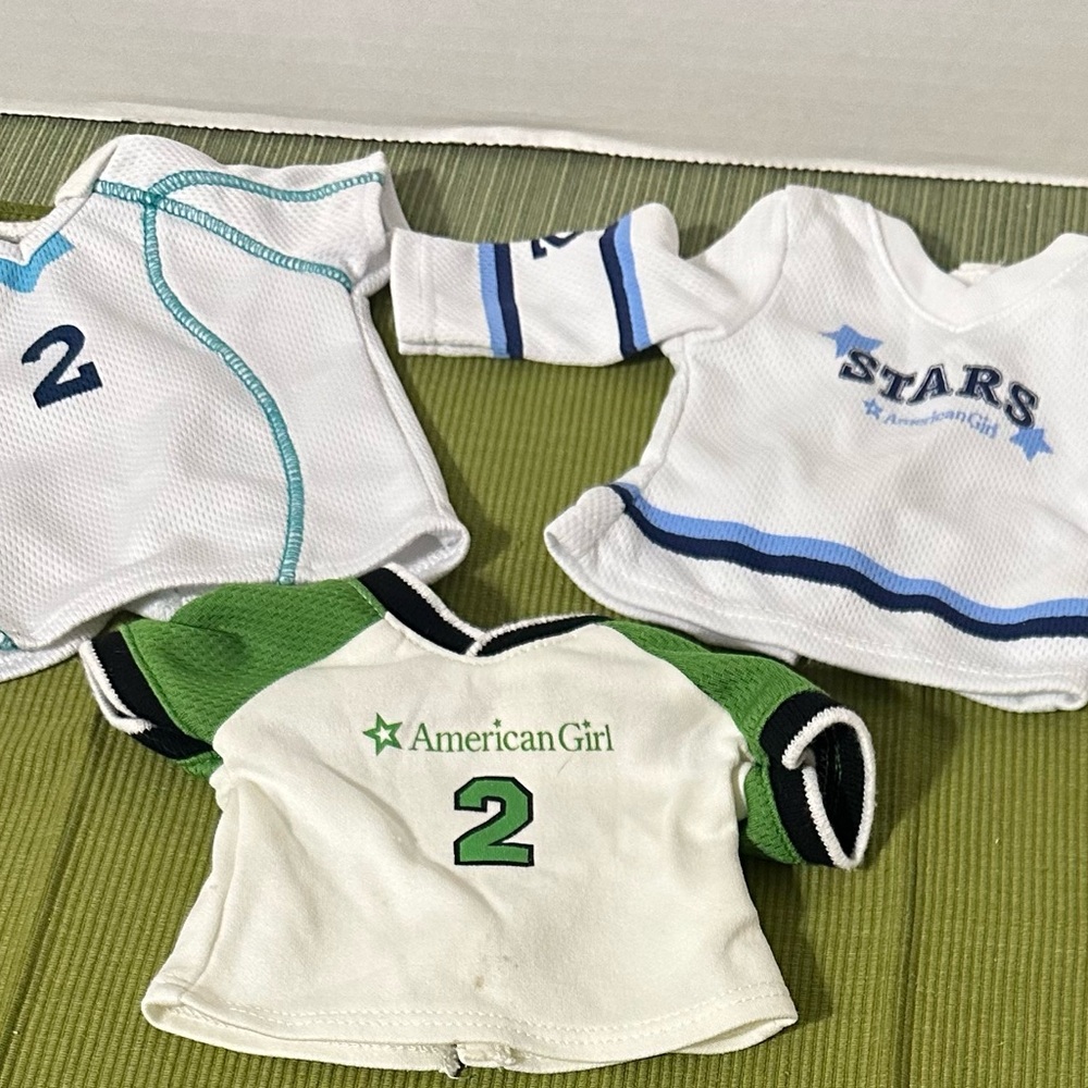 American Girl doll sports tops White Blue Green